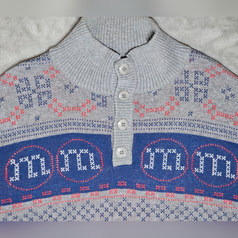 M &M World Vintage 90s Button‎ Mock Neck Knitted Sweater XXL Grey W/ Blue